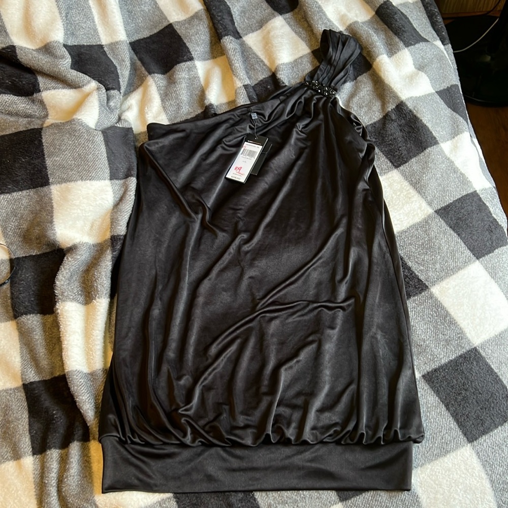 BCBGMAXAZRIA One Shoulder Little Black Dress With Jewel detail. Size Large